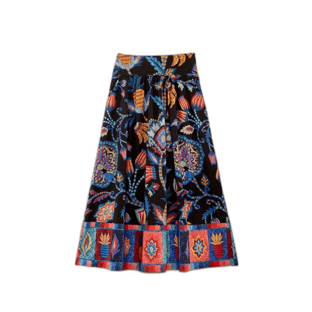 Farm Rio NWOT Black Sunset Tapestry Organic Cotton Midi Skirt Floral Sz M - Picture 3 of 12